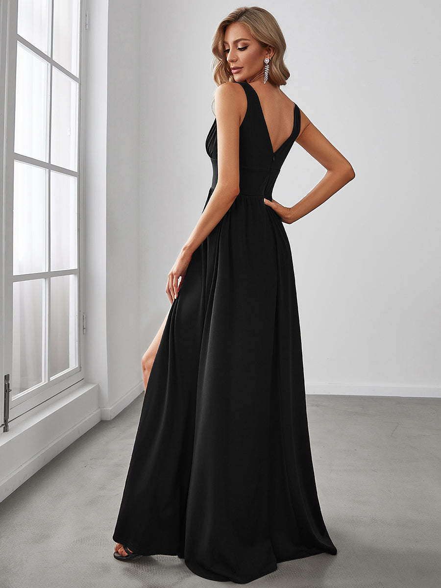 Doppelter V-Ausschnitt A-Linie Lang Ballkleid mit Schlitz Ballkleider #farbe_Schwarz