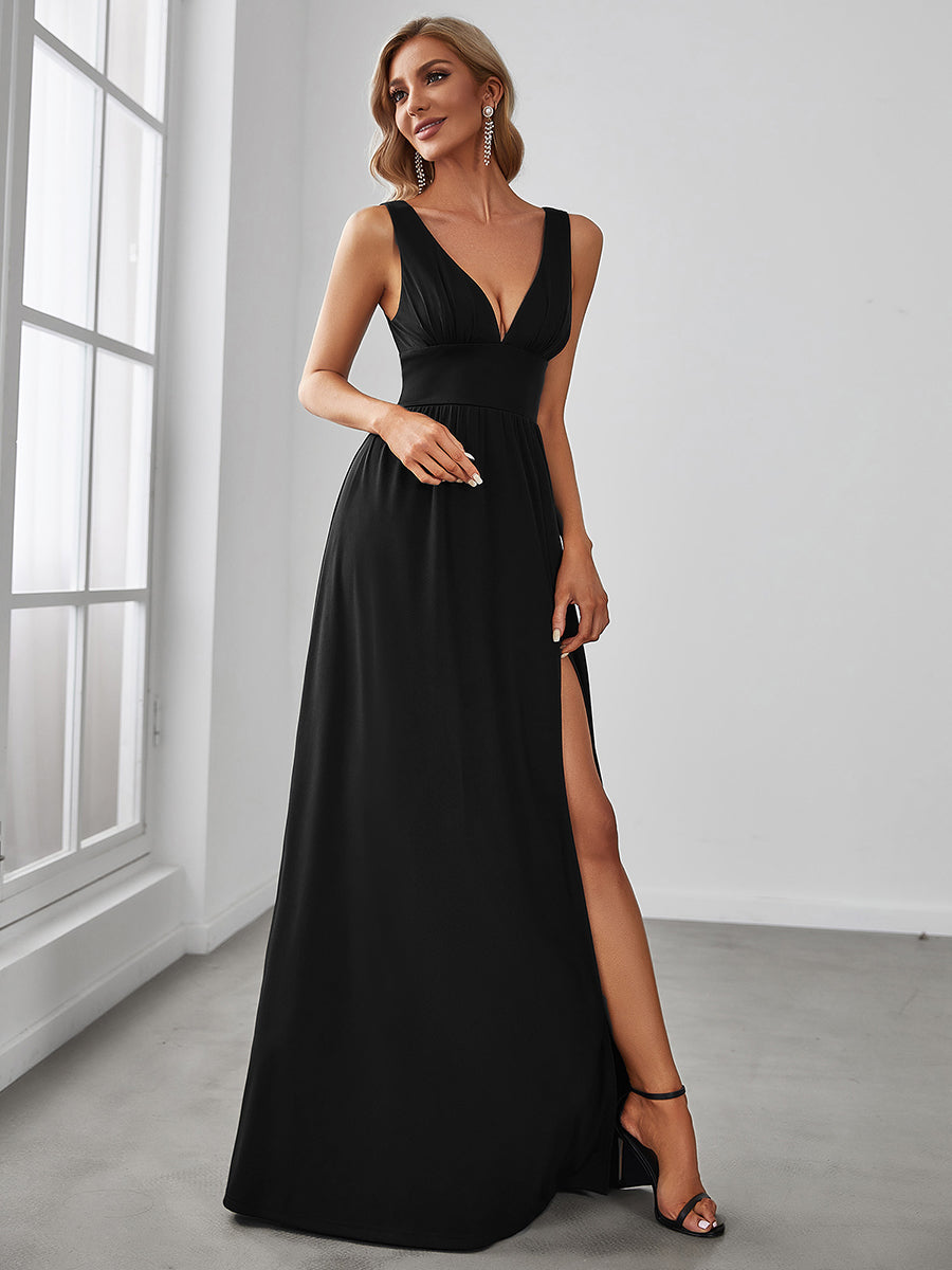 Doppelter V-Ausschnitt A-Linie Lang Ballkleid mit Schlitz Ballkleider #farbe_Schwarz