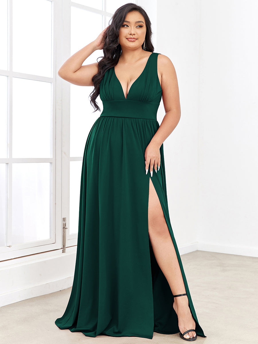 Doppelter V-Ausschnitt A-Linie Lang Ballkleid mit Schlitz Ballkleider #farbe_Dunkelgrün