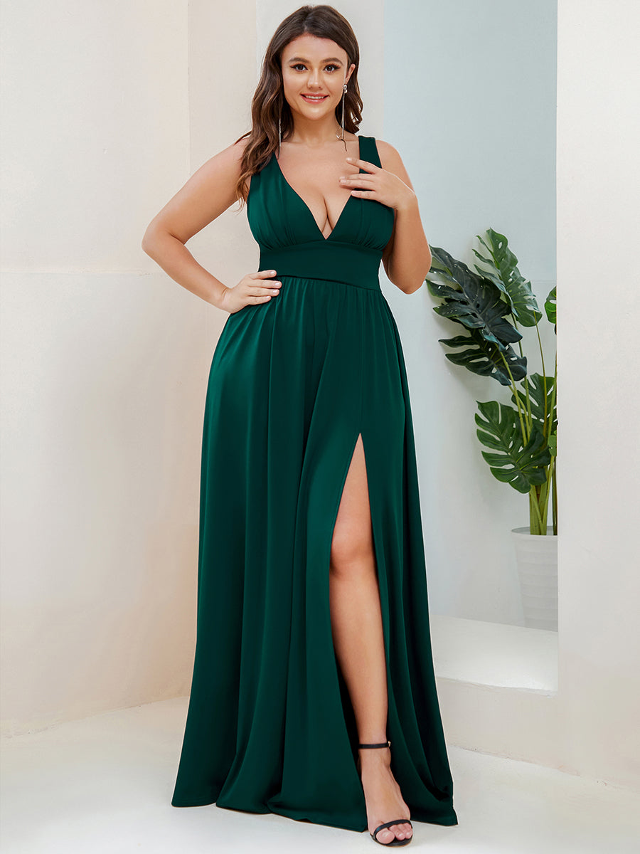 Doppelter V-Ausschnitt A-Linie Lang Ballkleid mit Schlitz Ballkleider #farbe_Dunkelgrün