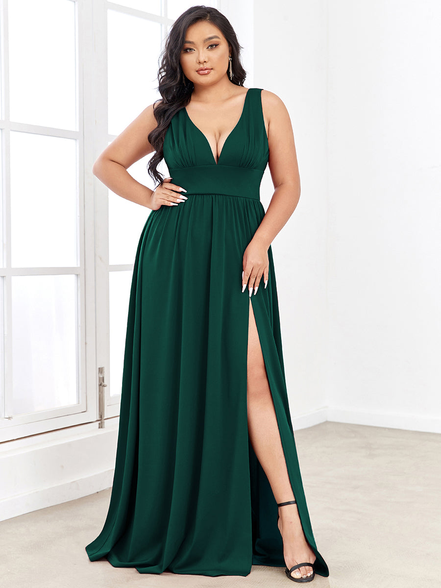 Doppelter V-Ausschnitt A-Linie Lang Ballkleid mit Schlitz Ballkleider #farbe_Dunkelgrün