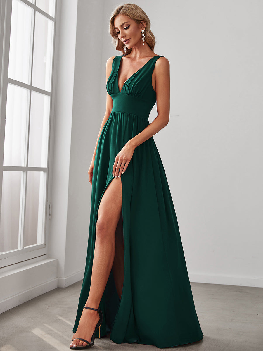 Doppelter V-Ausschnitt A-Linie Lang Ballkleid mit Schlitz Ballkleider #farbe_Dunkelgrün