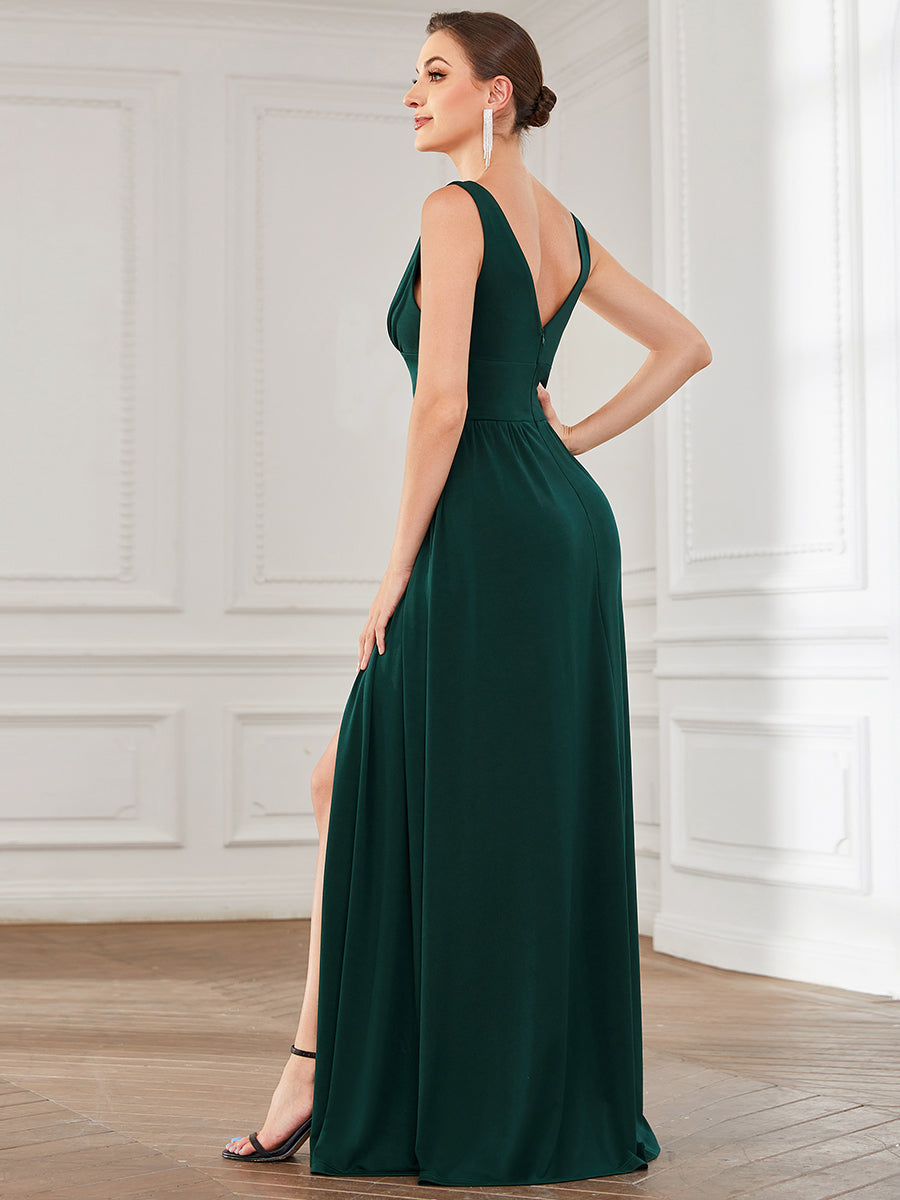 Doppelter V-Ausschnitt A-Linie Lang Ballkleid mit Schlitz Ballkleider #farbe_Dunkelgrün