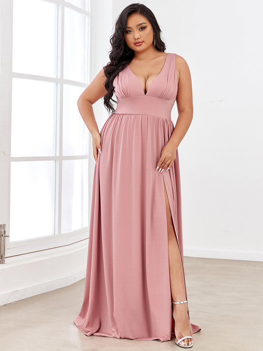 Doppelter V-Ausschnitt A-Linie Lang Ballkleid mit Schlitz Ballkleider #farbe_Altrosa