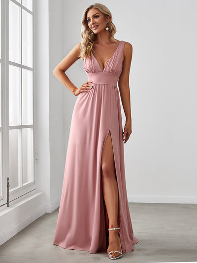 Doppelter V-Ausschnitt A-Linie Lang Ballkleid mit Schlitz Ballkleider #farbe_Altrosa