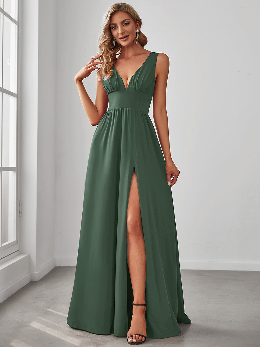 Doppelter V-Ausschnitt A-Linie Lang Ballkleid mit Schlitz Ballkleider #farbe_Eukalyptus