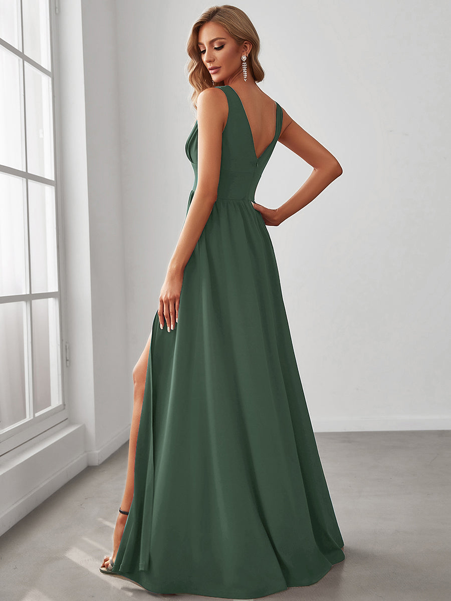 Doppelter V-Ausschnitt A-Linie Lang Ballkleid mit Schlitz Ballkleider #farbe_Eukalyptus