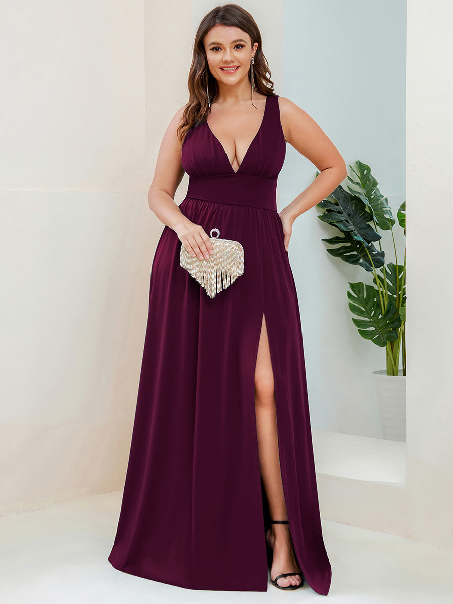 Doppelter V-Ausschnitt A-Linie Lang Ballkleid mit Schlitz Ballkleider #farbe_Maulbeerrot