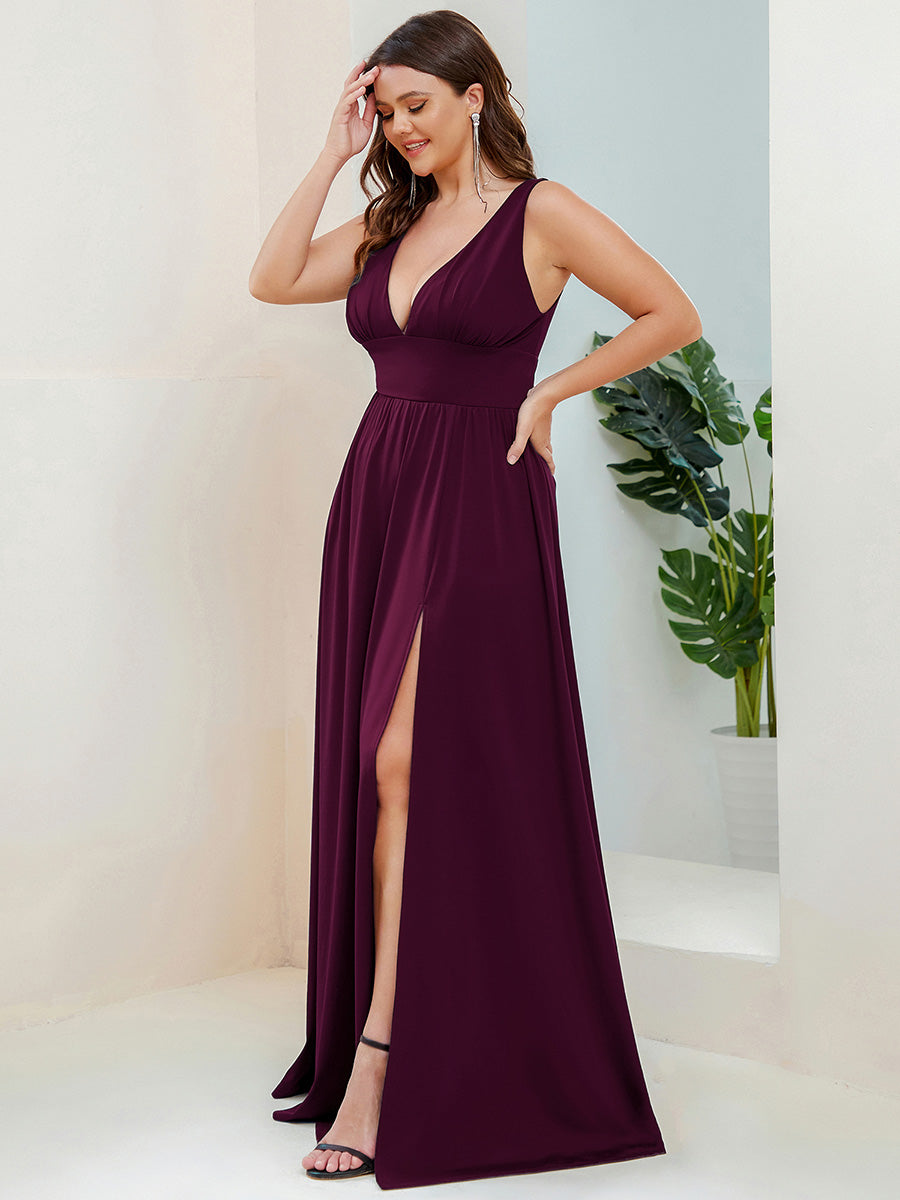 Doppelter V-Ausschnitt A-Linie Lang Ballkleid mit Schlitz Ballkleider #farbe_Maulbeerrot