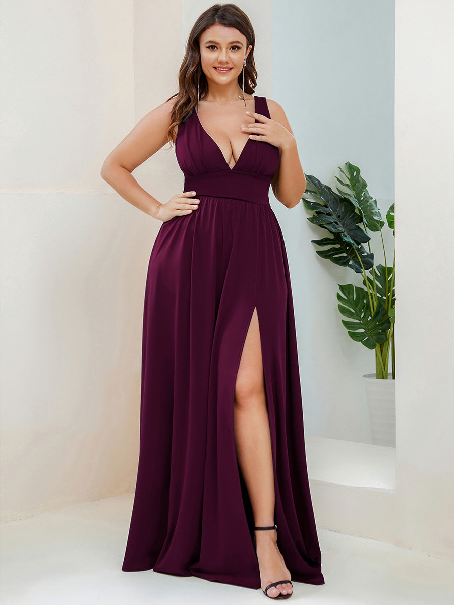 Doppelter V-Ausschnitt A-Linie Lang Ballkleid mit Schlitz Ballkleider #farbe_Maulbeerrot