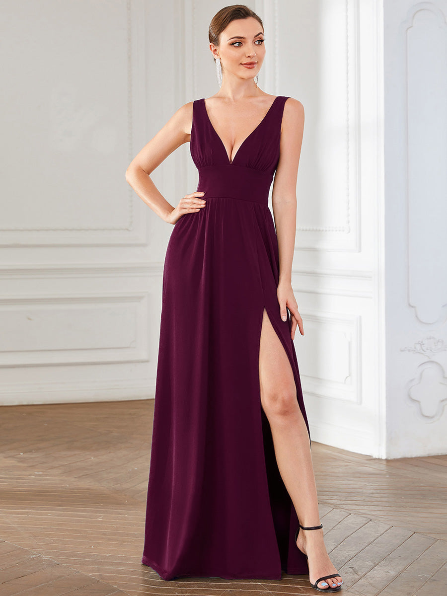 Doppelter V-Ausschnitt A-Linie Lang Ballkleid mit Schlitz Ballkleider #farbe_Maulbeerrot