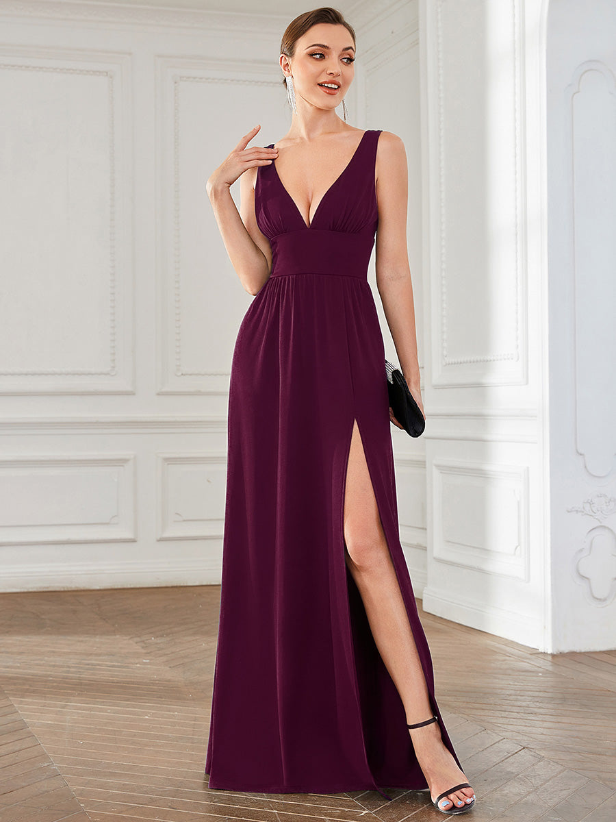 Doppelter V-Ausschnitt A-Linie Lang Ballkleid mit Schlitz Ballkleider #farbe_Maulbeerrot