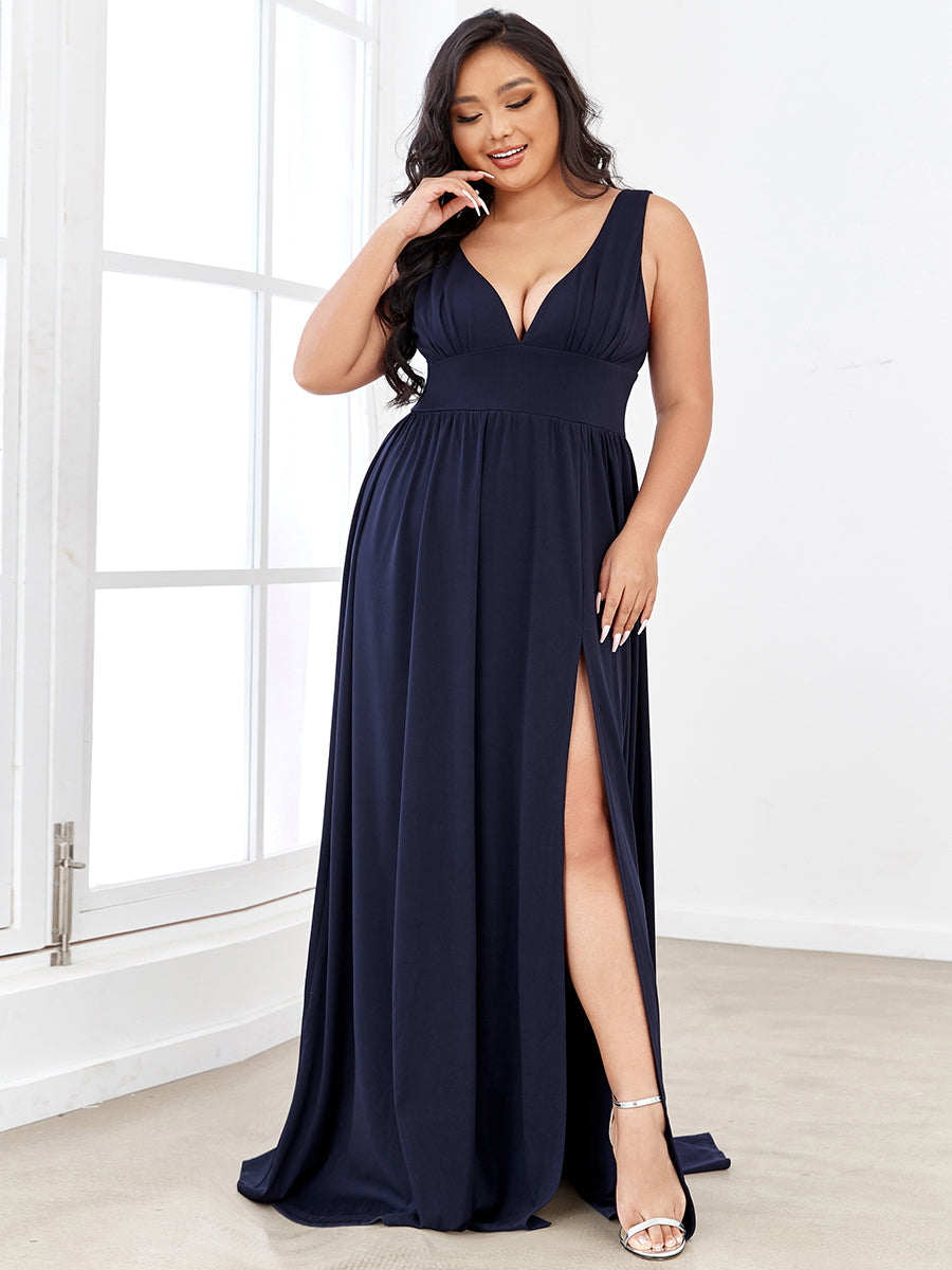 Doppelter V-Ausschnitt A-Linie Lang Ballkleid mit Schlitz Ballkleider #farbe_Marineblau
