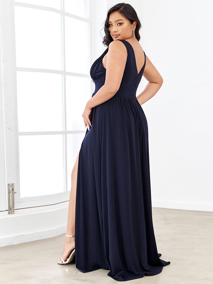 Doppelter V-Ausschnitt A-Linie Lang Ballkleid mit Schlitz Ballkleider #farbe_Marineblau