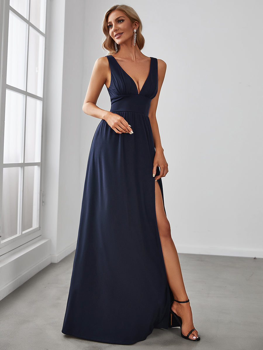 Doppelter V-Ausschnitt A-Linie Lang Ballkleid mit Schlitz Ballkleider #farbe_Marineblau