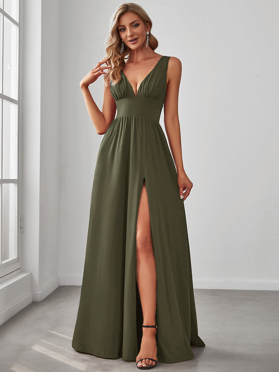 Doppelter V-Ausschnitt A-Linie Lang Ballkleid mit Schlitz Ballkleider #farbe_Olivgrün