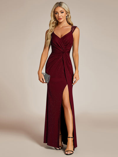 Bodenlanger Herzausschnitt Meerjungfrau Strickkleid Mit Oberschenkelhohem Schlitz Und Pailletten Details Kleid #Farbe_Burgunderrot