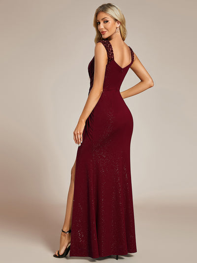Bodenlanger Herzausschnitt Meerjungfrau Strickkleid Mit Oberschenkelhohem Schlitz Und Pailletten Details Kleid #Farbe_Burgunderrot