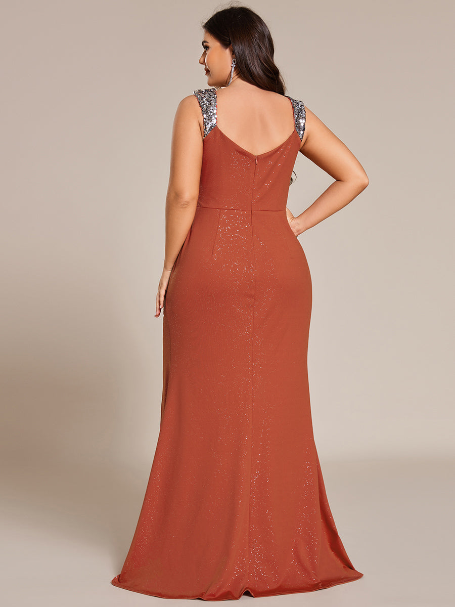Bodenlanger Herzausschnitt Meerjungfrau Strickkleid Mit Oberschenkelhohem Schlitz Und Pailletten Details Kleid #Farbe_Gebranntes Orange