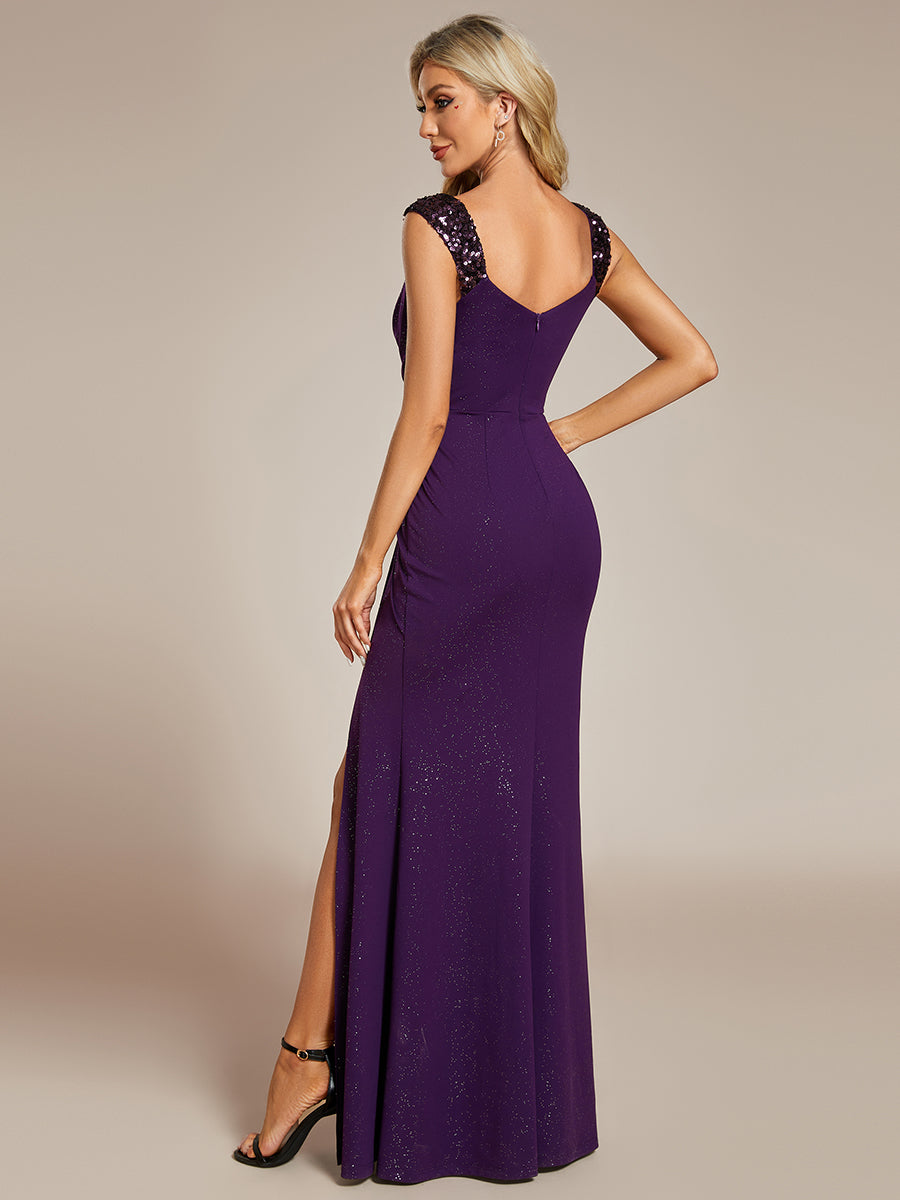 Bodenlanger Herzausschnitt Meerjungfrau Strickkleid Mit Oberschenkelhohem Schlitz Und Pailletten Details Kleid #Farbe_Dunkelviolett
