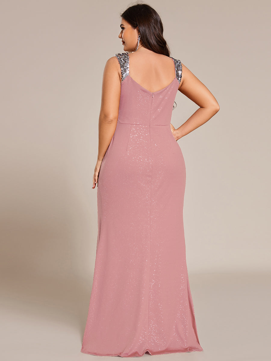 Bodenlanger Herzausschnitt Meerjungfrau Strickkleid Mit Oberschenkelhohem Schlitz Und Pailletten Details Kleid #Farbe_Altrosa
