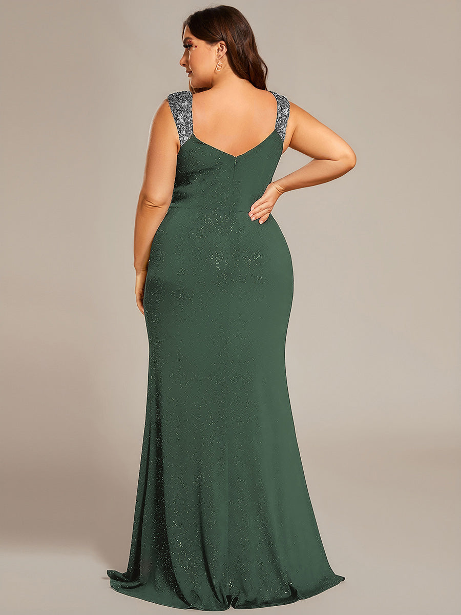 Bodenlanger Herzausschnitt Meerjungfrau Strickkleid Mit Oberschenkelhohem Schlitz Und Pailletten Details Kleid #Farbe_Eukalyptus