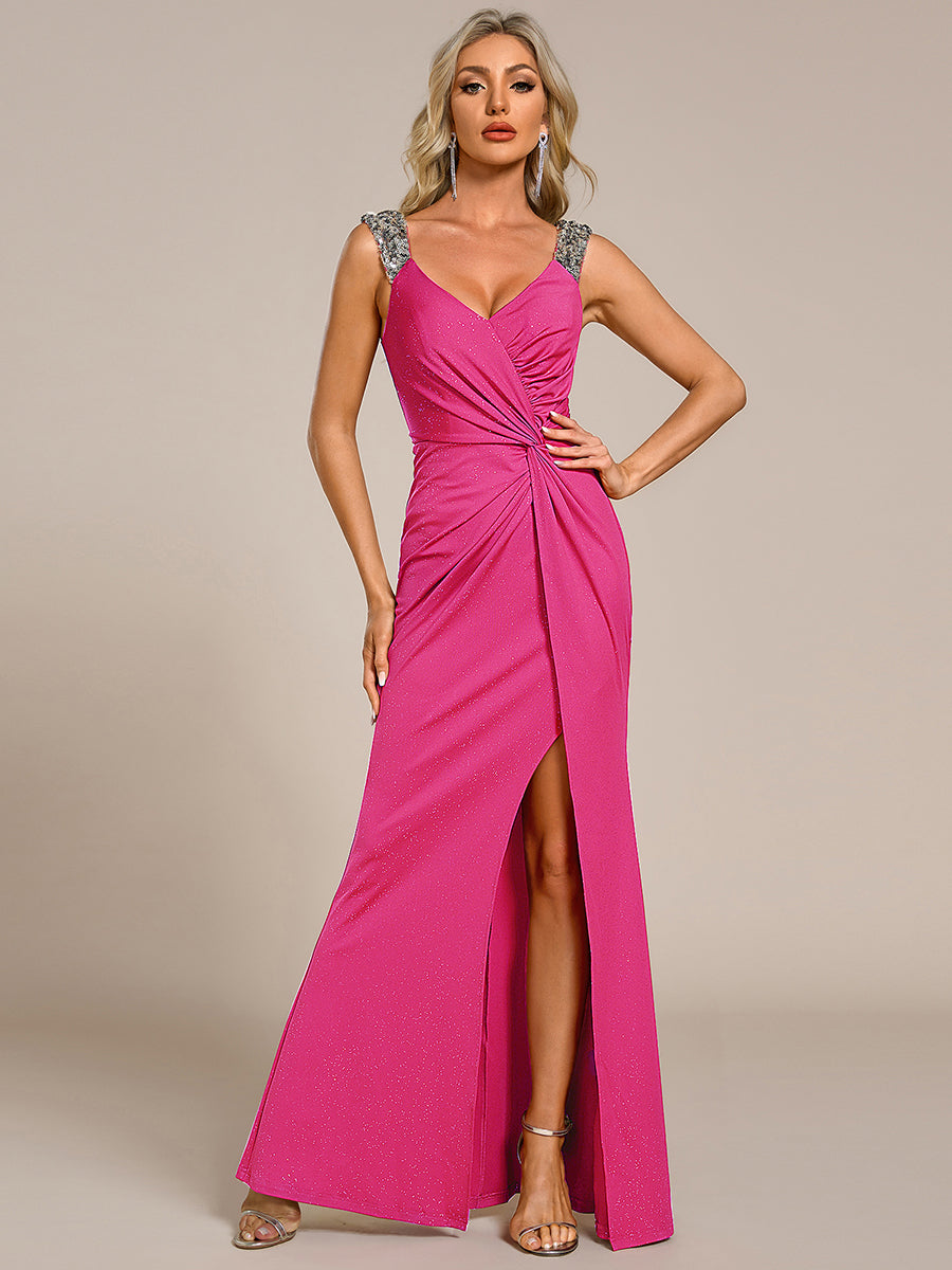 Bodenlanger Herzausschnitt Meerjungfrau Strickkleid Mit Oberschenkelhohem Schlitz Und Pailletten Details Kleid #Farbe_Knallpink
