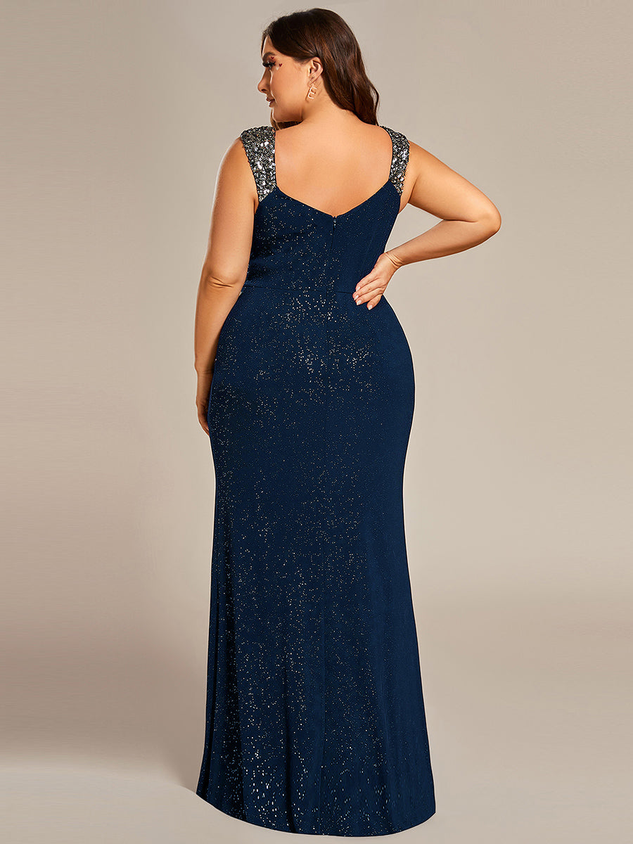 Bodenlanger Herzausschnitt Meerjungfrau Strickkleid Mit Oberschenkelhohem Schlitz Und Pailletten Details Kleid #Farbe_Marineblau