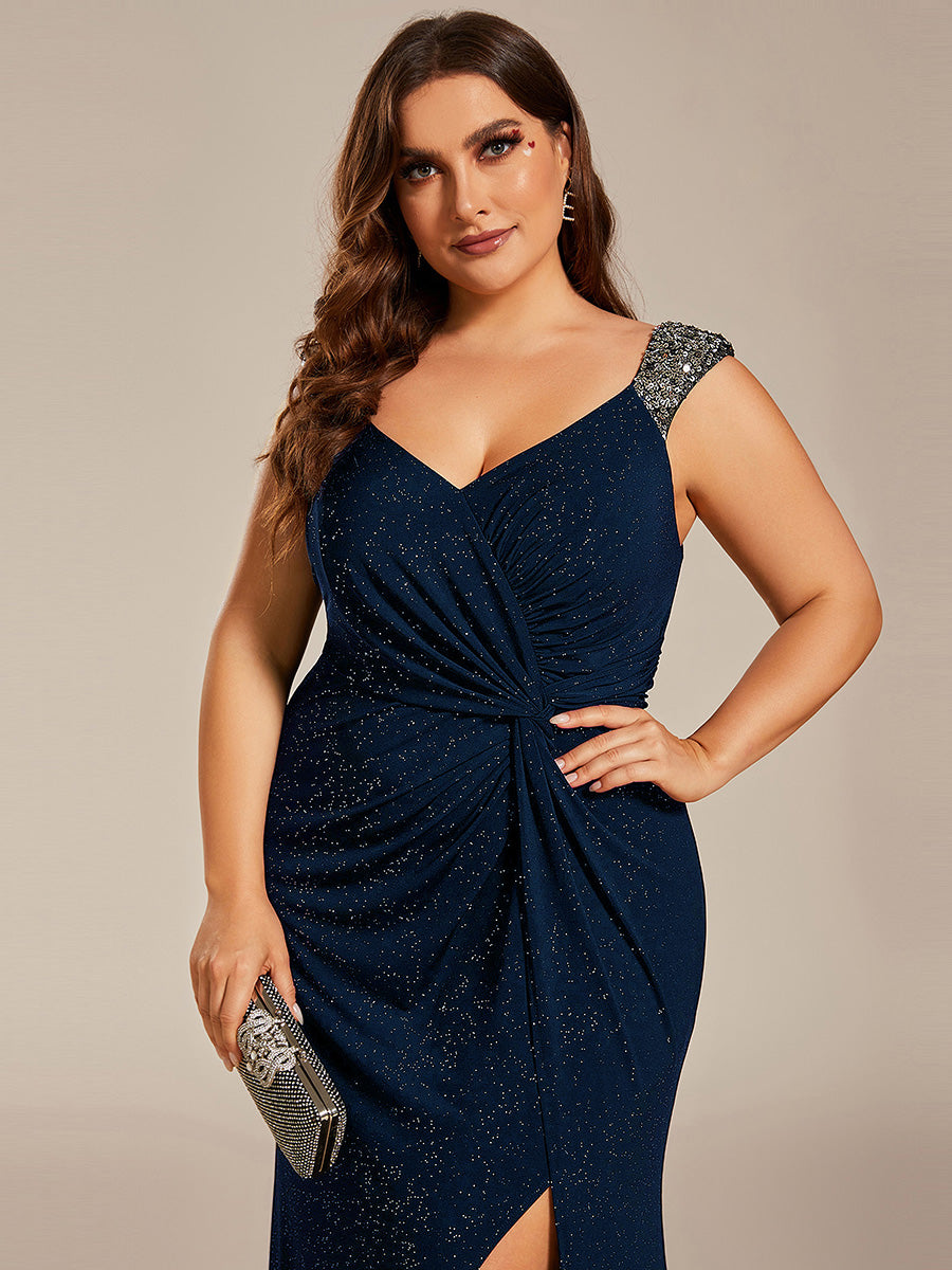 Bodenlanger Herzausschnitt Meerjungfrau Strickkleid Mit Oberschenkelhohem Schlitz Und Pailletten Details Kleid #Farbe_Marineblau