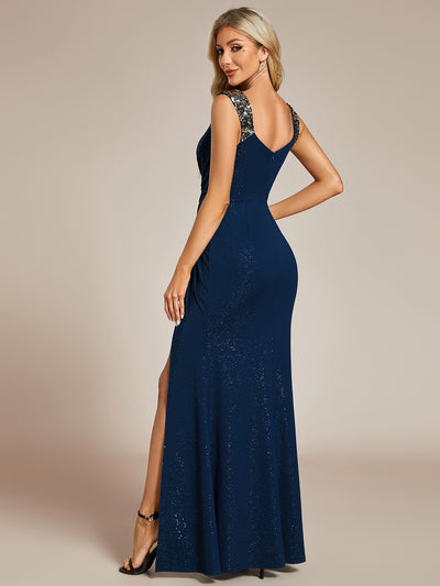 Bodenlanger Herzausschnitt Meerjungfrau Strickkleid Mit Oberschenkelhohem Schlitz Und Pailletten Details Kleid #Farbe_Marineblau