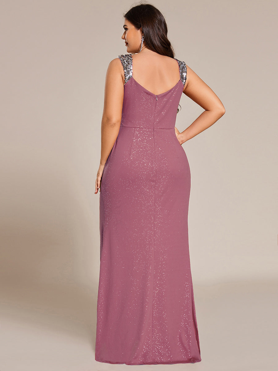 Bodenlanger Herzausschnitt Meerjungfrau Strickkleid Mit Oberschenkelhohem Schlitz Und Pailletten Details Kleid #Farbe_Orchideenviolett