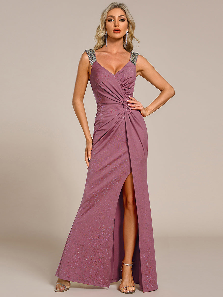 Bodenlanger Herzausschnitt Meerjungfrau Strickkleid Mit Oberschenkelhohem Schlitz Und Pailletten Details Kleid #Farbe_Orchideenviolett