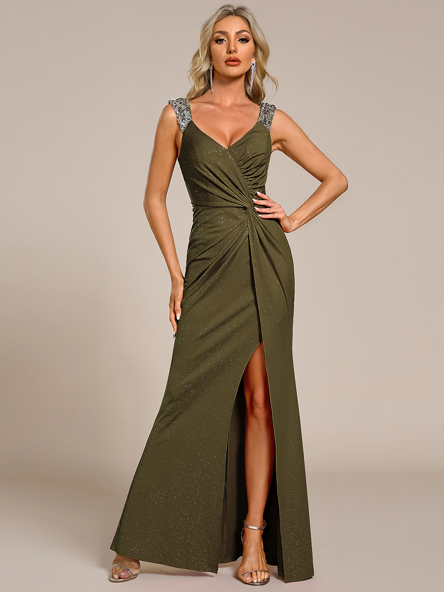 Bodenlanger Herzausschnitt Meerjungfrau Strickkleid Mit Oberschenkelhohem Schlitz Und Pailletten Details Kleid #Farbe_Olivgrün