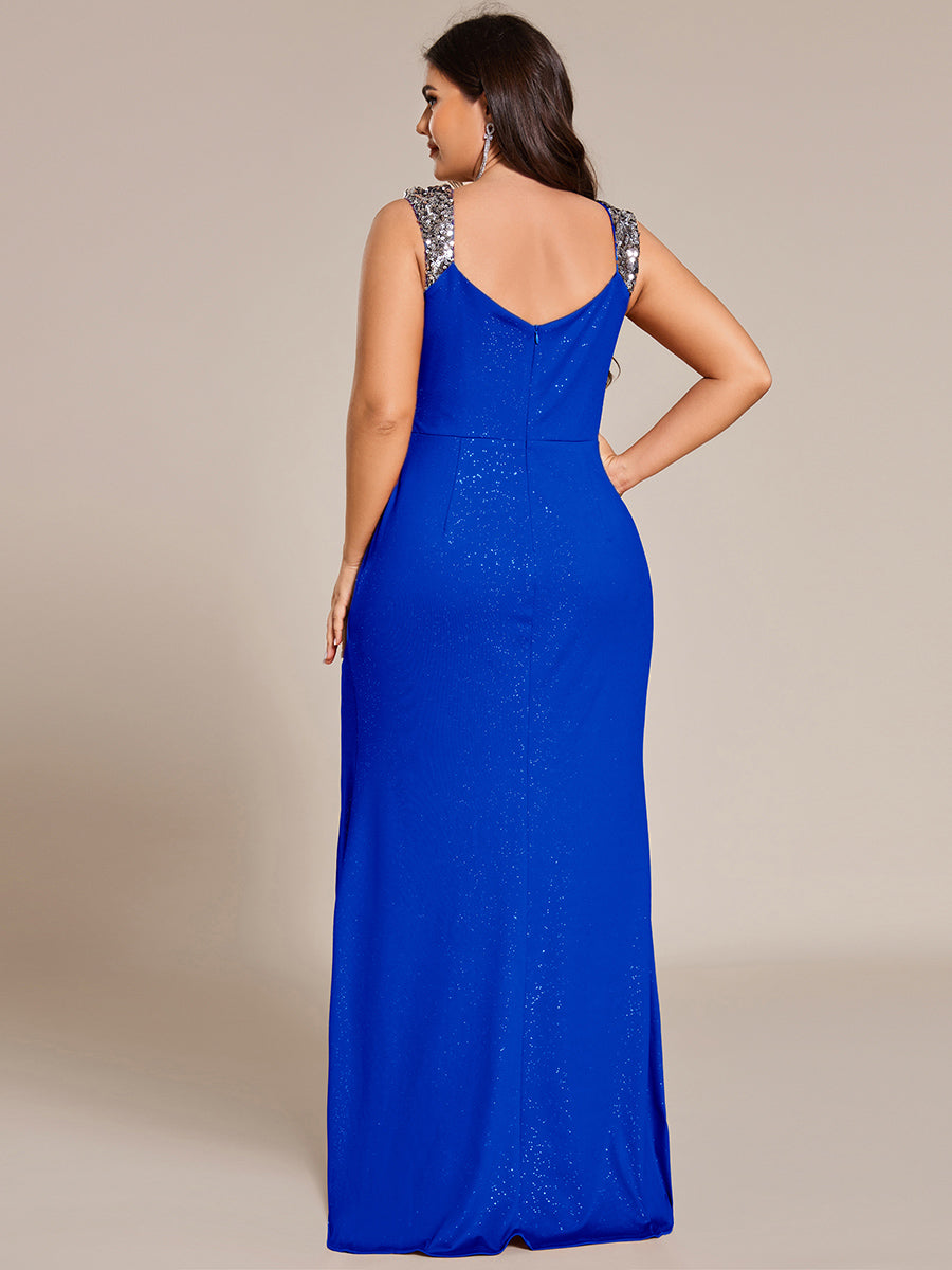 Bodenlanger Herzausschnitt Meerjungfrau Strickkleid Mit Oberschenkelhohem Schlitz Und Pailletten Details Kleid #Farbe_Saphirblau
