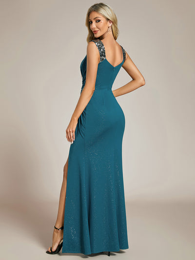 Bodenlanger Herzausschnitt Meerjungfrau Strickkleid Mit Oberschenkelhohem Schlitz Und Pailletten Details Kleid #Farbe_Petrol