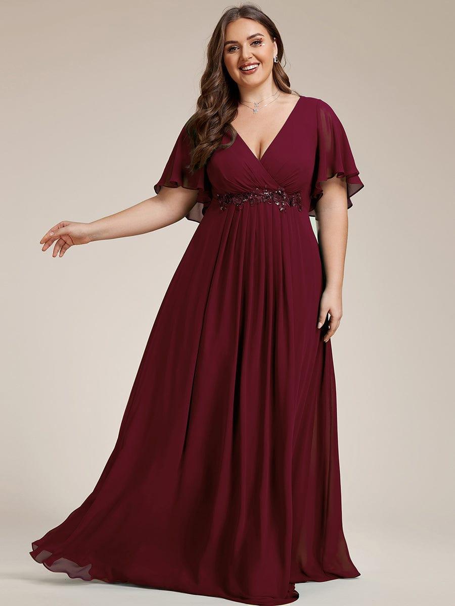 Funkelndes Abendkleid in A-Linie mit Empire-Taille und langen ?rmeln #farbe_Burgunderrot