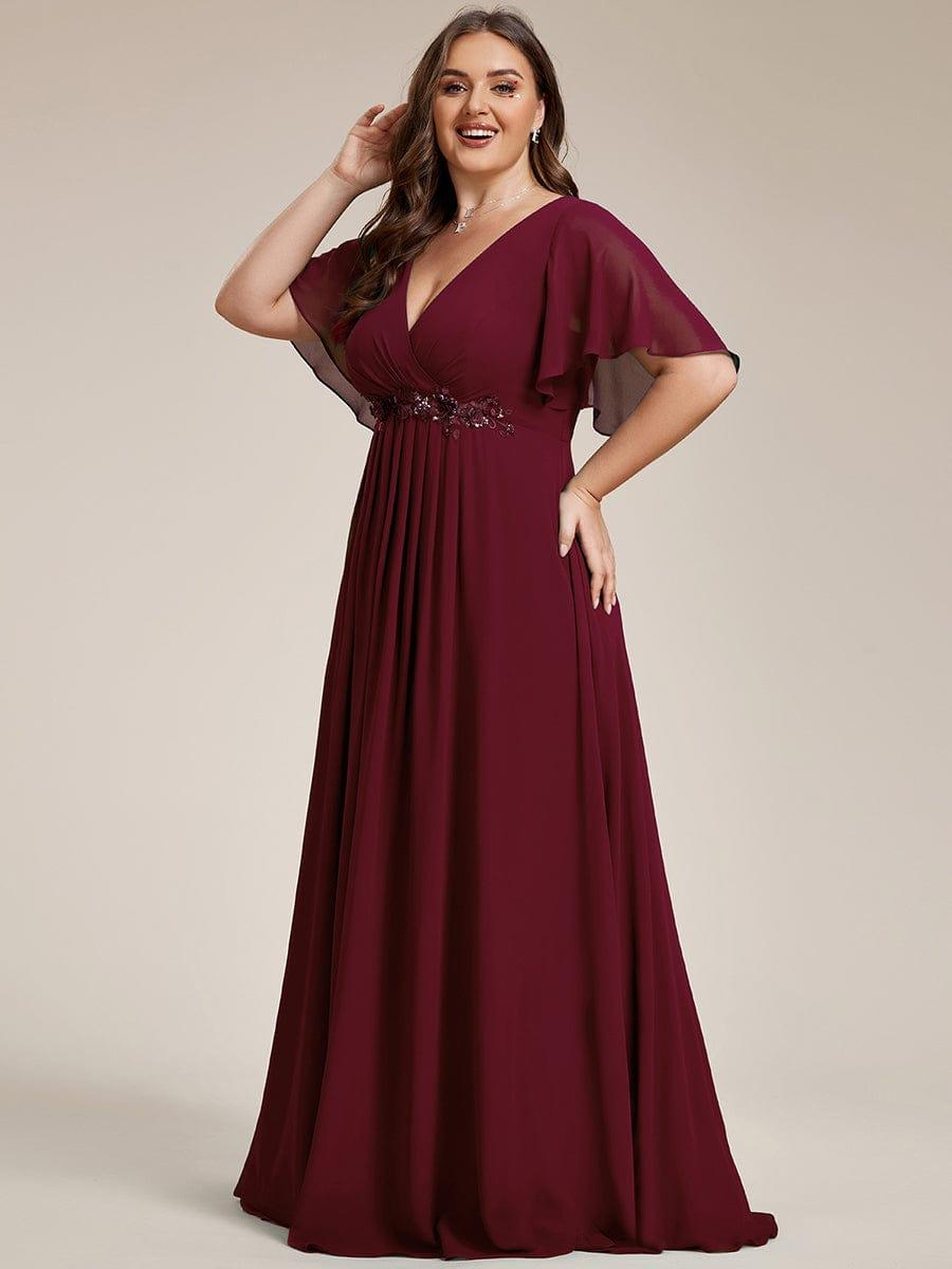 Funkelndes Abendkleid in A-Linie mit Empire-Taille und langen ?rmeln #farbe_Burgunderrot