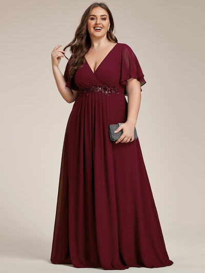 Funkelndes Abendkleid in A-Linie mit Empire-Taille und langen ?rmeln #farbe_Burgunderrot