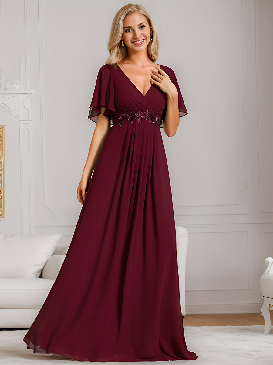 Funkelndes Abendkleid in A-Linie mit Empire-Taille und langen ?rmeln #farbe_Burgunderrot