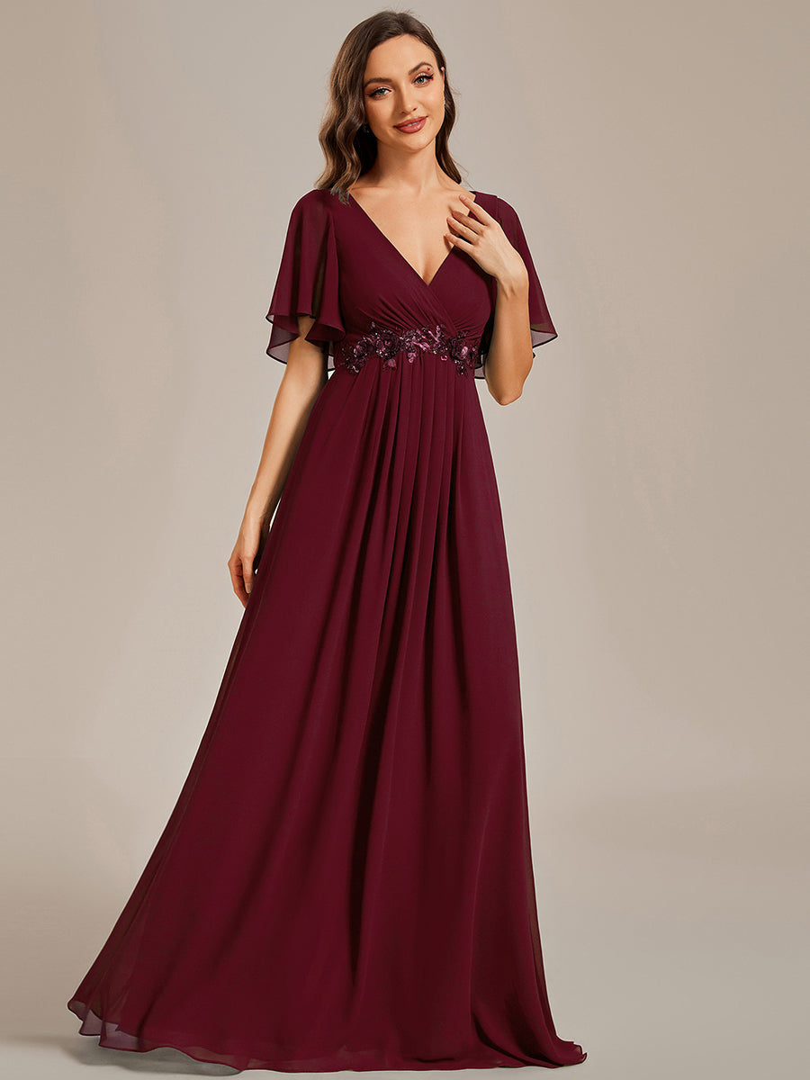Funkelndes Abendkleid in A-Linie mit Empire-Taille und langen ?rmeln #farbe_Burgunderrot