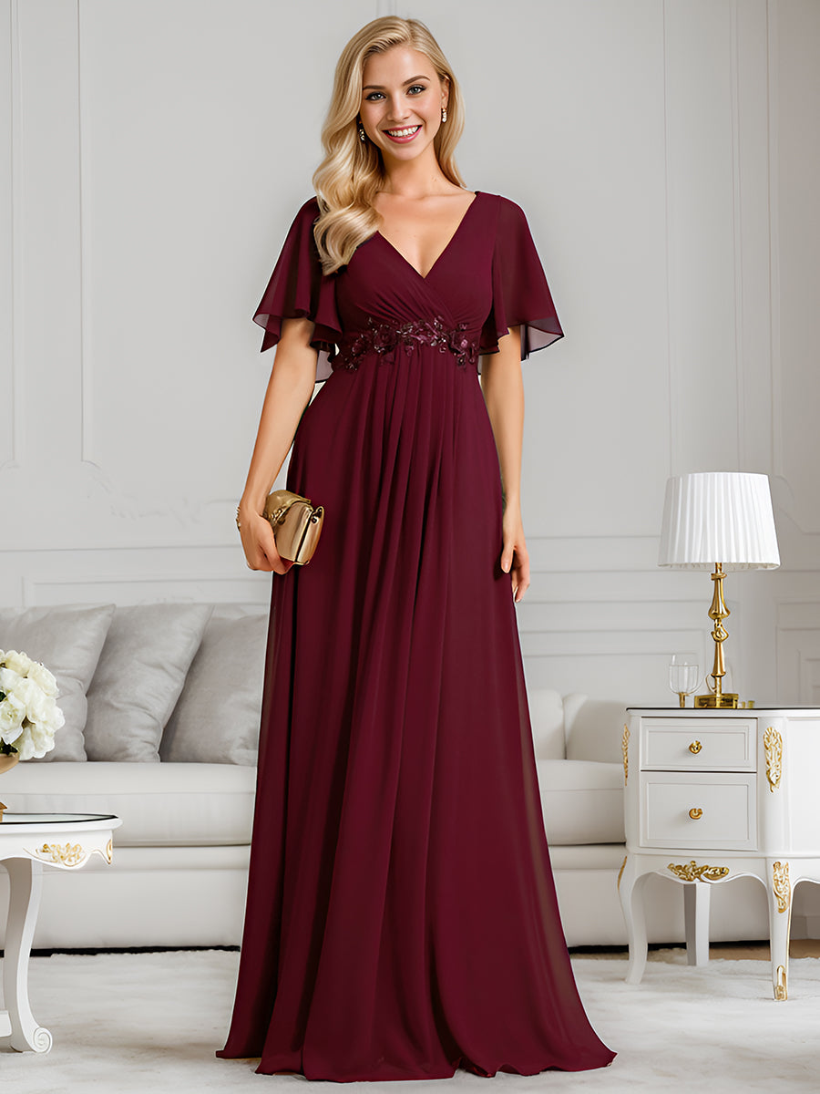 Funkelndes Abendkleid in A-Linie mit Empire-Taille und langen ?rmeln #farbe_Burgunderrot