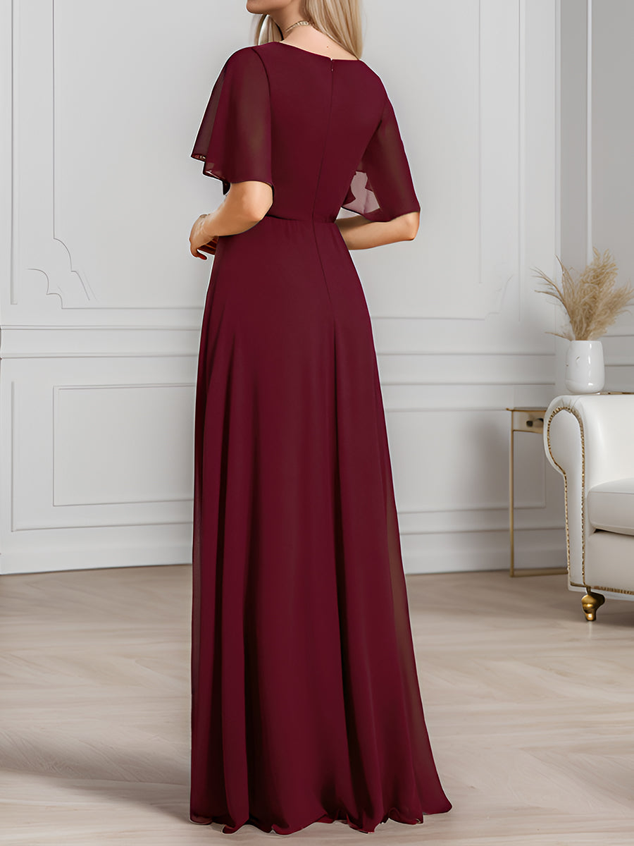 Funkelndes Abendkleid in A-Linie mit Empire-Taille und langen ?rmeln #farbe_Burgunderrot