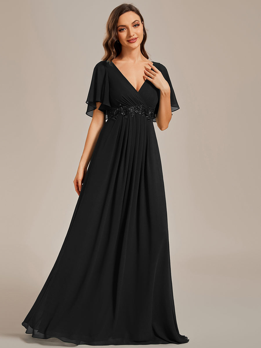 Funkelndes Abendkleid in A-Linie mit Empire-Taille und langen ?rmeln #farbe_Schwarz