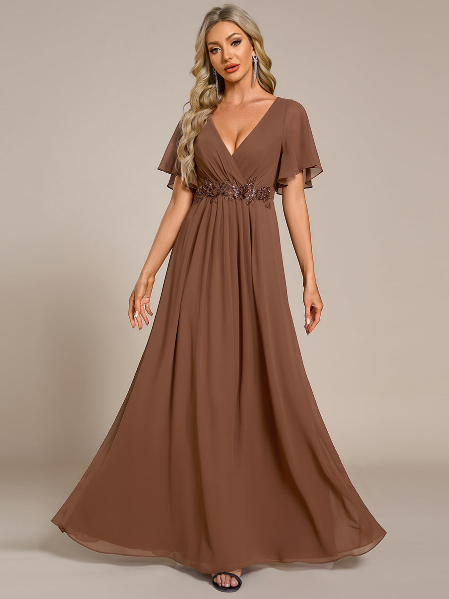 Funkelndes Abendkleid in A-Linie mit Empire-Taille und langen ?rmeln #farbe_Braun