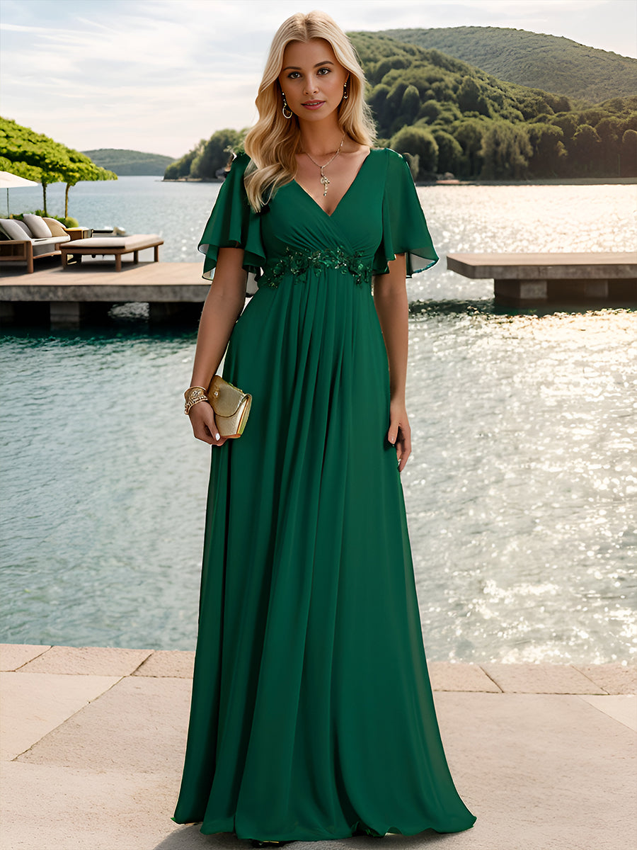 Funkelndes Abendkleid in A-Linie mit Empire-Taille und langen ?rmeln #farbe_Dunkelgrün