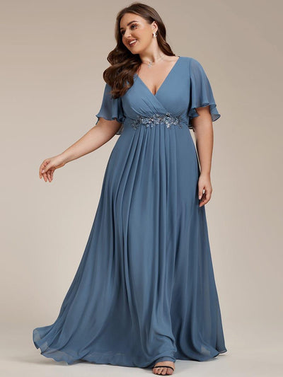 Funkelndes Abendkleid in A-Linie mit Empire-Taille und langen ?rmeln #farbe_Taubenblau