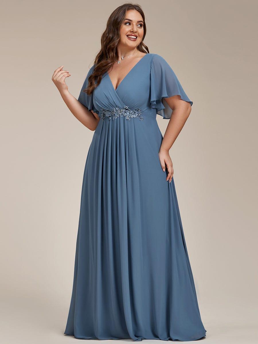 Funkelndes Abendkleid in A-Linie mit Empire-Taille und langen ?rmeln #farbe_Taubenblau