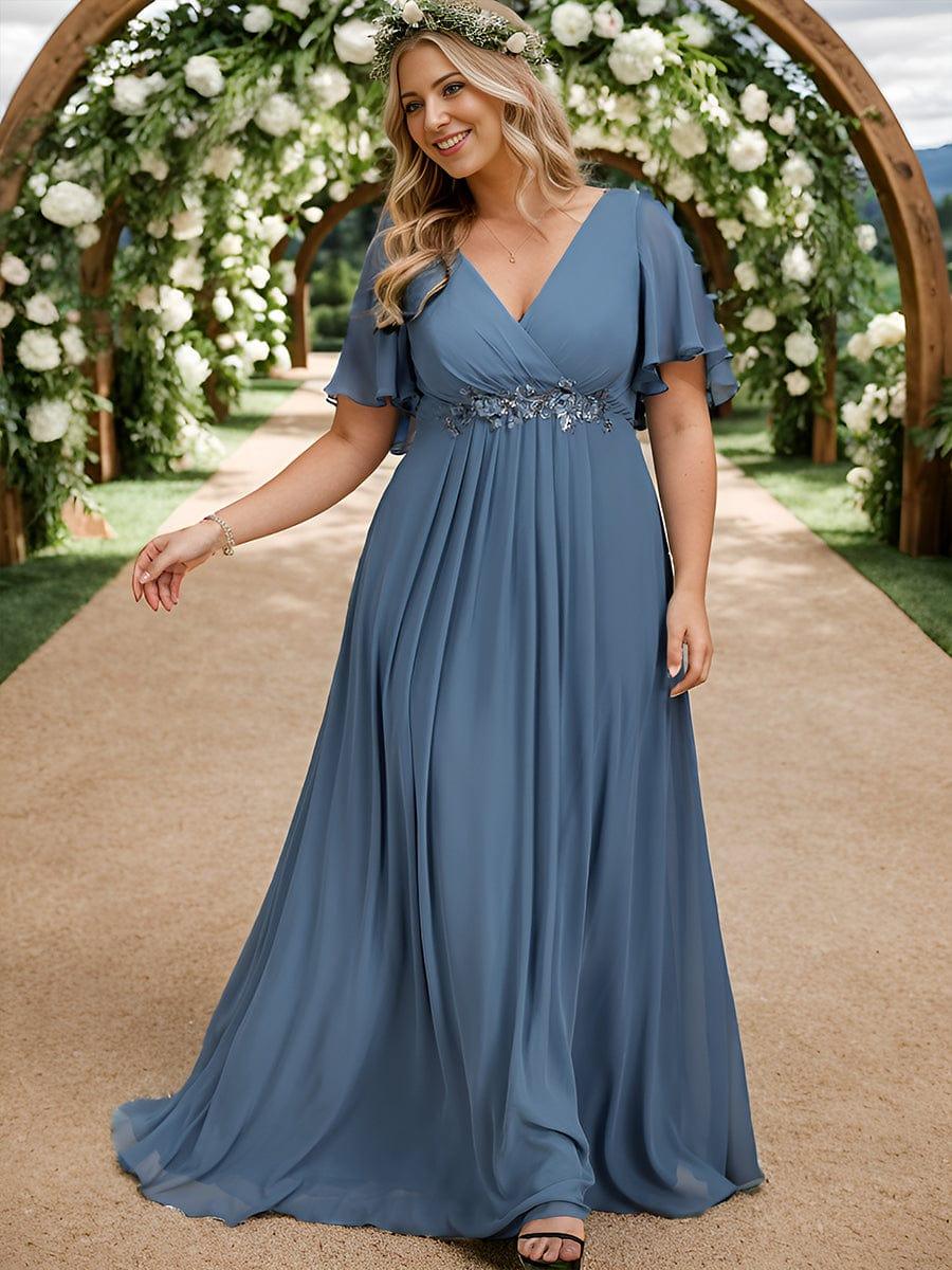 Funkelndes Abendkleid in A-Linie mit Empire-Taille und langen ?rmeln #farbe_Taubenblau