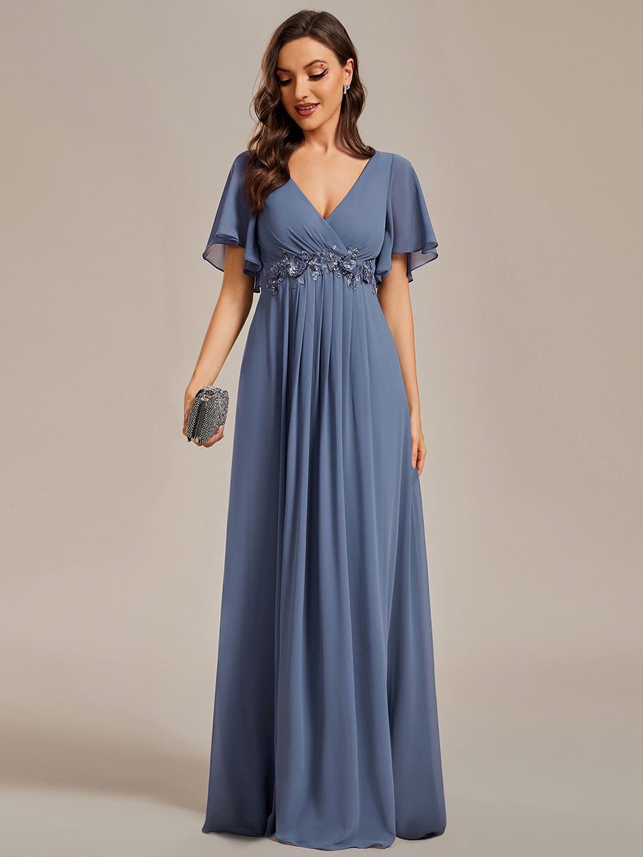 Funkelndes Abendkleid in A-Linie mit Empire-Taille und langen ?rmeln #farbe_Taubenblau
