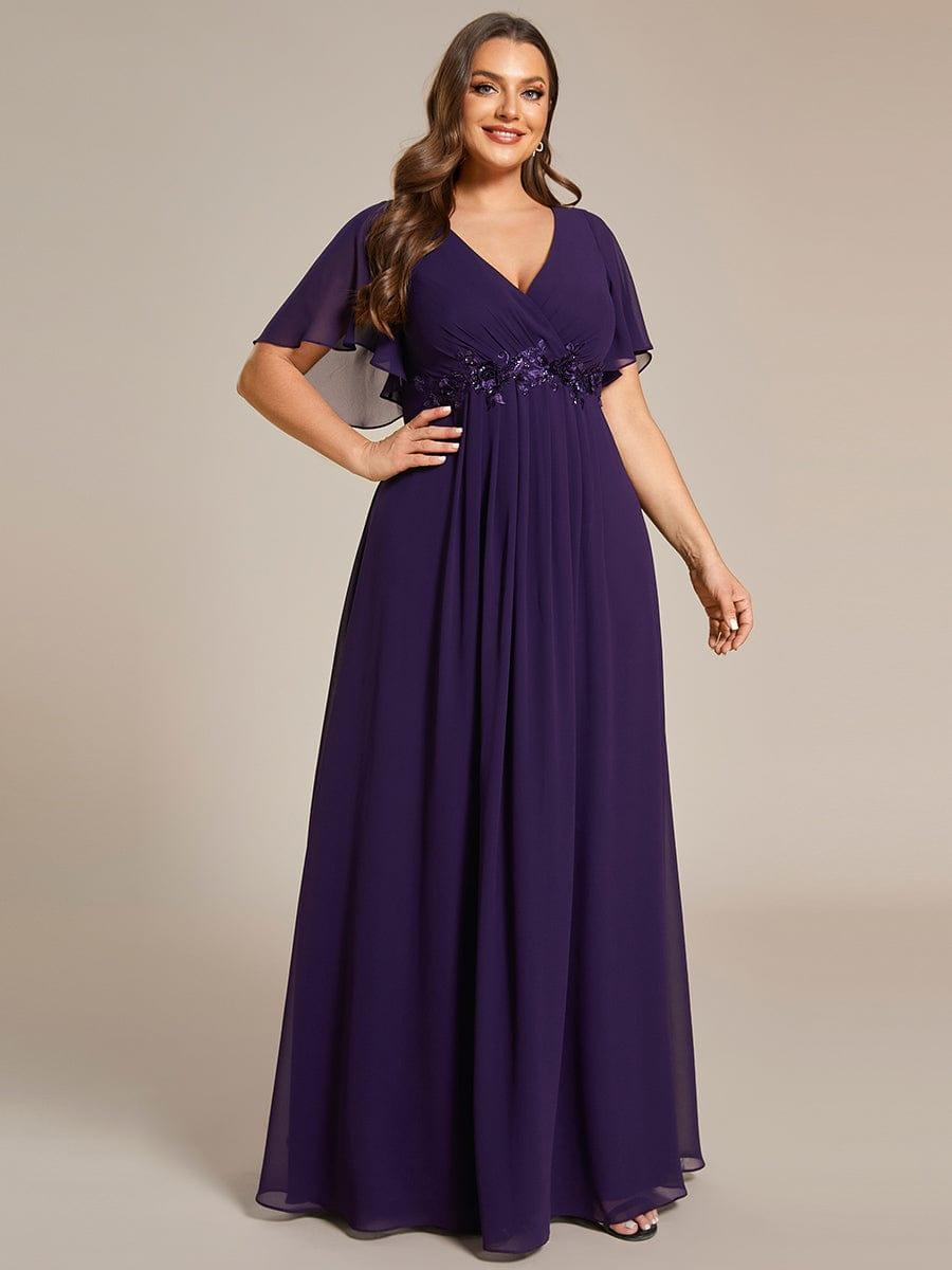 Funkelndes Abendkleid in A-Linie mit Empire-Taille und langen ?rmeln #farbe_Dunkelviolett
